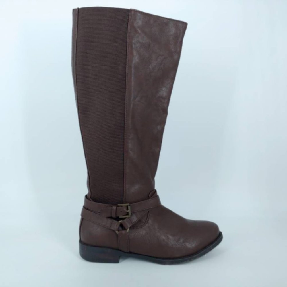 Lane Bryant Womens Riding Boots Brown Knee High Low Heels Side Zip Up Buckle 9 W
